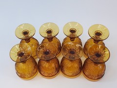 Vintage Set of 8 Indiana Tiara Sandwich Pattern Amber Glasses 4 1/8″ Tall
