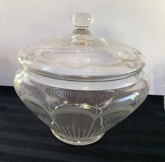 Art Deco Punch Bowl Lid 10 Cups Hand Blown Etched Cut Glass Scalloped Design