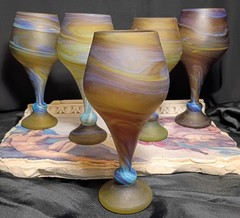 5 Hand Made West Bank Hebron Glass PHOENICIAN Swirled Glasses Wine Goblets