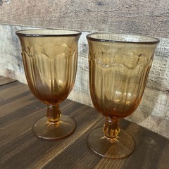 Set of 2 Amber color glass pedestal goblets
