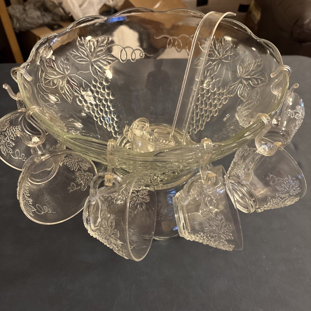Vintage Anchor Hocking Harvest Grape 25 pc. Punch Bowl, 12 Cups, 11 Hooks, Ladle