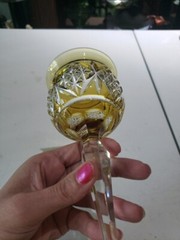 Wine goblet Glass Amber gold Cut to clear Crystal signed Tudor made England TUD8