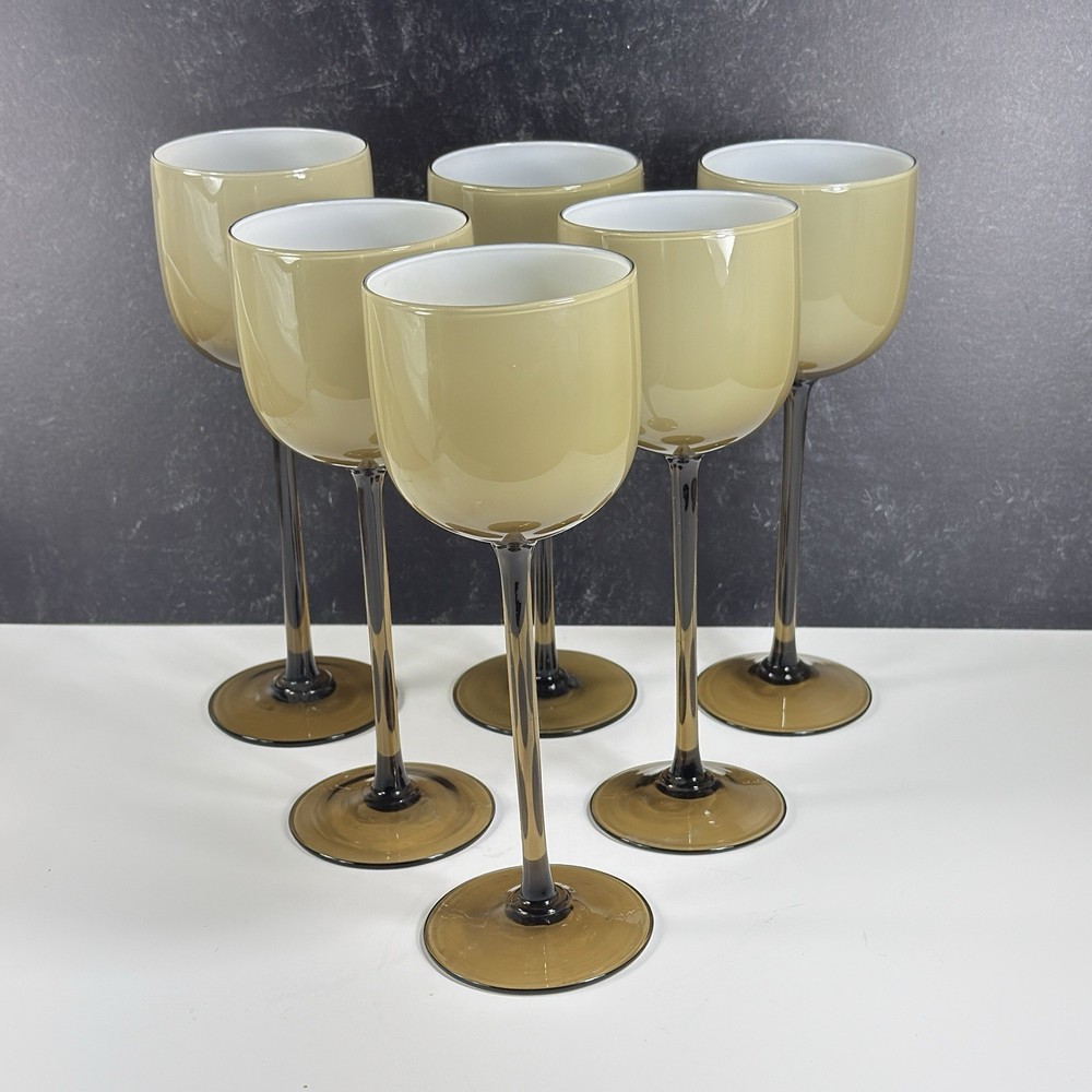 Set 6 Carlo Moretti Tall Long Stem Wine Glasses Cased Glass Tan Taupe White 9″