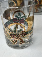Vtg Set of 4 Culver Old Fashioned Glasses Yule Horn Holiday Ribbon Gold USA FLAW
