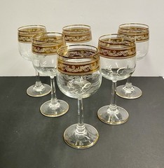 Set Of 6 Vtg Stolzle Crystal Wine Goblet Gold Trim Band White Scroll Stemware