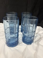 Four (4) Anchor Hocking Manchester Coastal Blue Tartan Tumblers Glasses