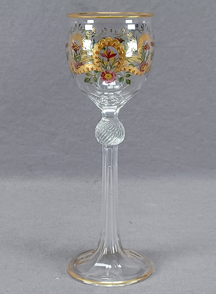 Bohemian Moser Type Enameled Art Nouveau Pink & Blue Floral & Gold Wine Glass