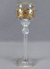 Bohemian Moser Type Enameled Art Nouveau Pink & Blue Floral & Gold Wine Glass