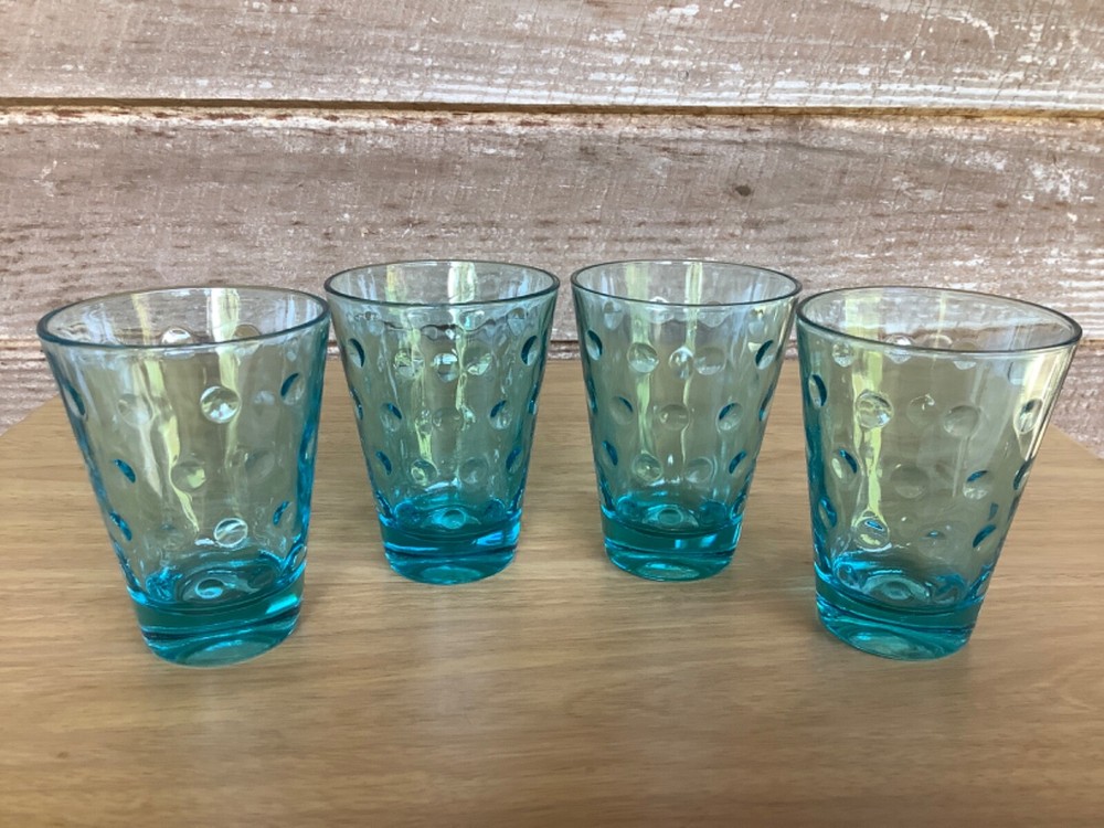 Hazel Atlas 4 Juice Cocktail Glasses Blue Capri Dot UV Glow Optic Dots Bar