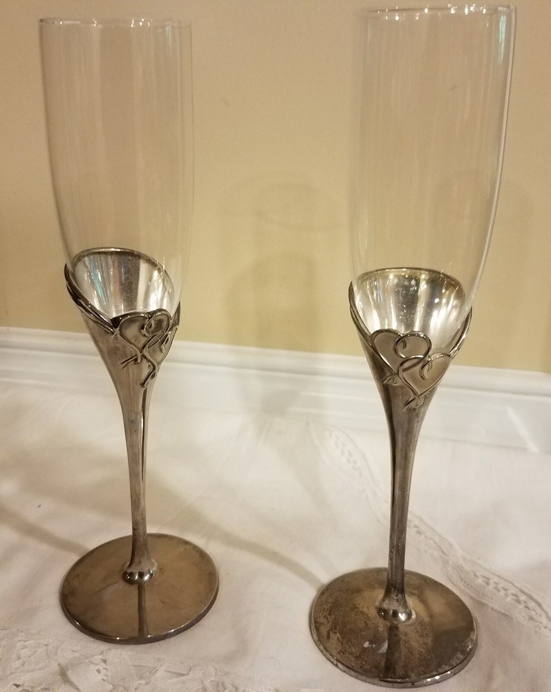 Lenox «True Love»» Champagne Flutes Set of 2 Toasting Glasses Silverplated Stem