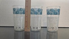 3 MCM Anchor Hocking Drinking Glasses Clear W White And Teal Paint Tea/coffe Pot