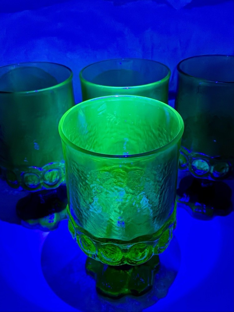 4 Tiffin Franciscan Madeira Olive Green Footed Uranium Glass Goblets 5.5 In