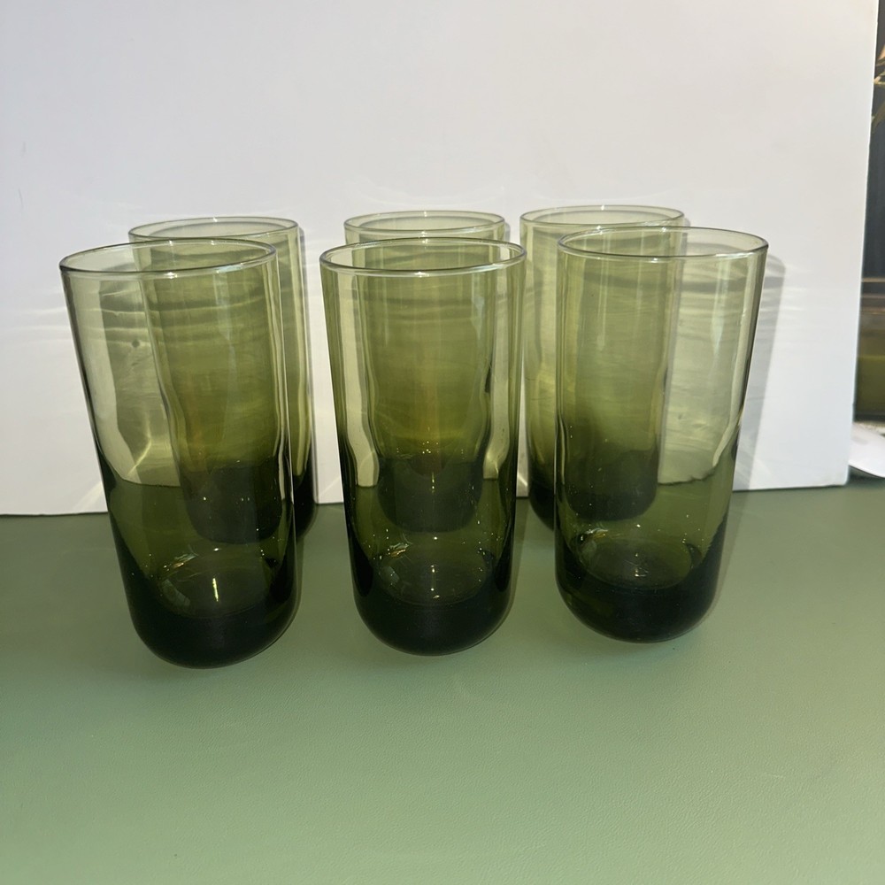VTG Libbey Olive Green Glasses Set/6 Tumbler Round Bottom Tall 16oz RARE 70’s
