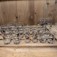 Lot 12 Vintage Libbey Carriage Glass Black Gold Stage Coach Print 1960’s Barware