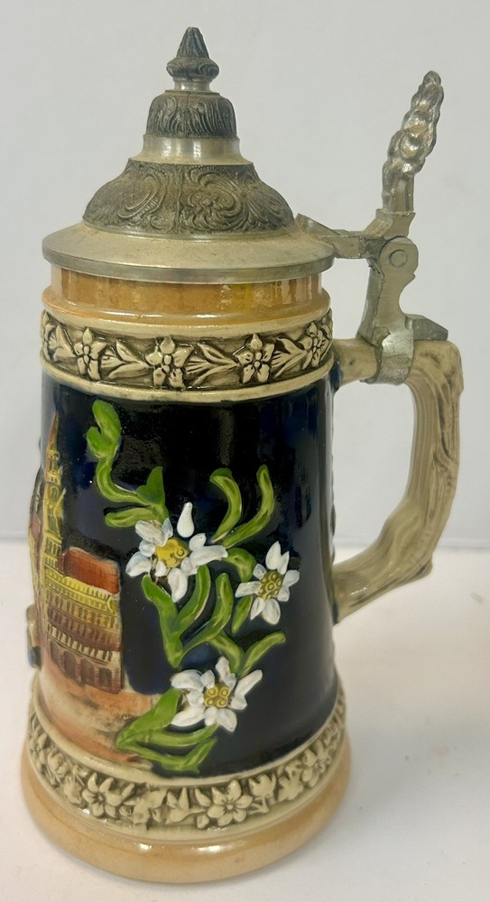 Vintage German Beer Stein Handarbeit Floral Ceramic Germany 7 1/2”