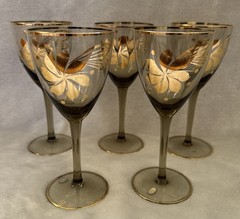5 Vintage Hand Blown Hungarian 6.5″ Tall Gold Gilted Wine Glasses Floral Design