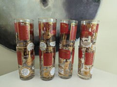 Vintage Jeannette Glasses, Lot of 9, Gold & Red Cocktail Recipe Barware MCM