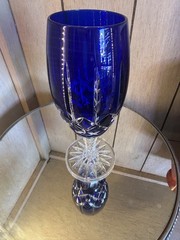Ajka Arabella Cobalt Blue Cut To Clear Crystal Iced Tea Glasses Goblets 8”