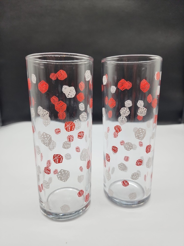 Vintage 6.25″ Tom Collins Highball Tumbler Glass MCM Barware Red White Dice