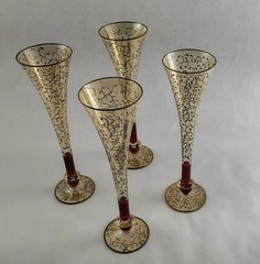 (4) Pier 1 Rioja Ruby Red Gold Scroll Crystal Trumpet Champagne Flute RETIRED
