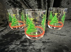 3 New Libbey Christmas Tree 8 Oz Glasses Green Gold Stars Red Stripe Item 438