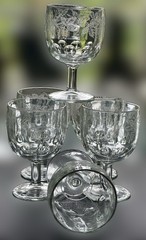 6 Bartlett Collins Gold Rim Thumbprint Clear Glass Wine Goblet Etched Grapevine
