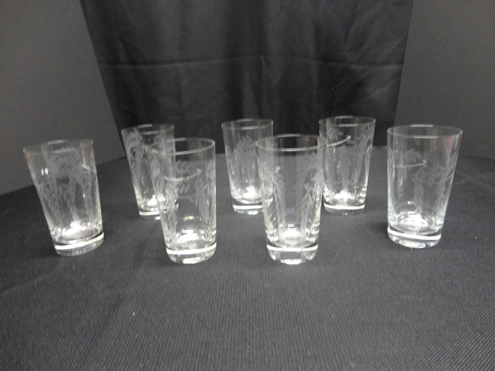 SET OF 7 Vtg Susaki Etched CUT 5″ TUMBLERS Drinking Glasses Weighted 10oz