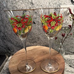 Vintage Lot 2 Romanian Venetian Hand Painted Fruit Wine Glasses 22K Gold Trim JG