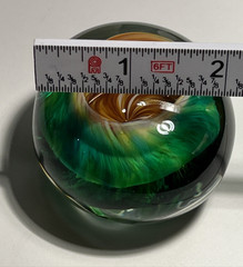 Vtg Hand Blown Art Glass Swirl Paperweight Emerald Green Amber Brown Cavern Orb