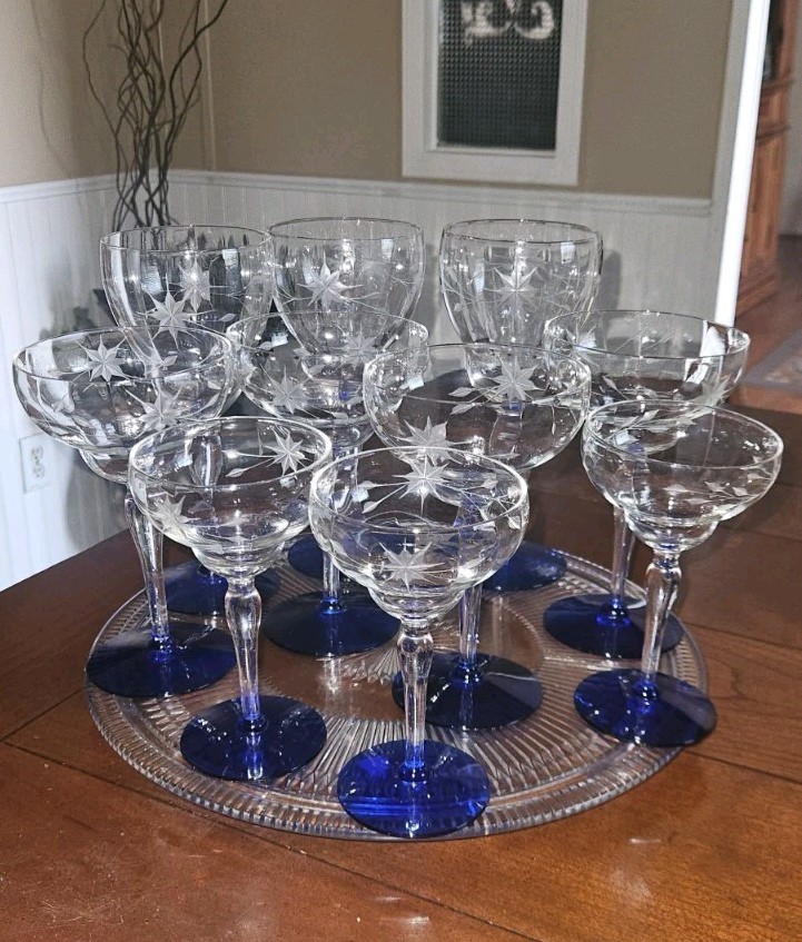 Lot/10 Vtg. LOUIE WESTON 1930’s Etched Crystal Assorted Stem Ware Cobalt Blue