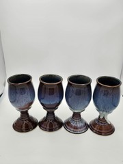 Bill Campbell Studio Art Pottery Wine Goblets Chalices Blue Drip Glaze Set Of 4