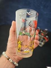 Set 8 VINTAGE MCM Hazel Atlas Pheasant Bird Hunting Glasses 5″ Barware 12 Oz EUC