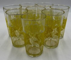 Anchor Hocking? White Yellow Roses Gold Trim Clear Glass Tumblers Set x8 VTG