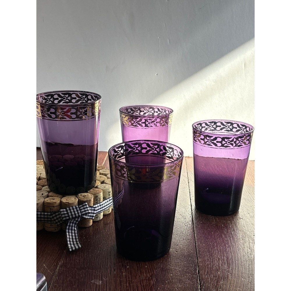 Vintage Amethyst Purple Glass Tumblers Gold Filigree Trim Set of 4 MCM Barware