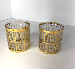 Set of 2 Vintage Imperial SHOJI Trellis 22K GOLD Rocks Glasses 3 1/2″ Tall MCM
