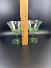 Pair (2) Vintage Green Uranium Cocktail Glasses 4.5” Tall Glowy Depression Glass