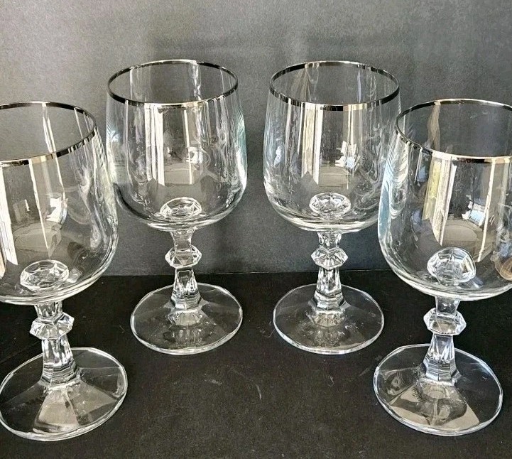 4 Crystal Platinum Silver Rim Wine Glasses Goblets Schott Zwiesel 6.5″