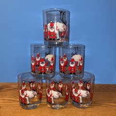 Christmas Georges Briard MCM Signed 6 Santa Lowball Rocks Glasses Orig Box
