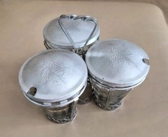 Mid-Century Glass & Aluminum Vintage Condiment 3 Glasses Set w/ Caddy & Lids