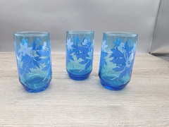 Set Of 3 Libbey Blue Floral Daisy Glasses 5” MCM Great Condition Flower Vintage