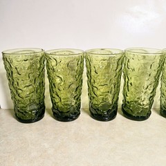 Vintage Anchor Hocking Milano Lido 5.5″ Tall Glass Cup Avocado Green Set Of 8