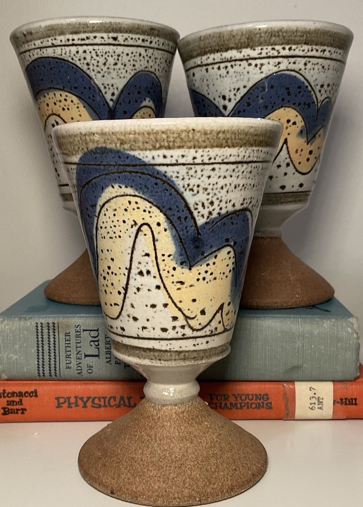 Hand Thrown Studio Pottery Goblets Wine Glass White Brown Blue Set Of 3 8 Oz