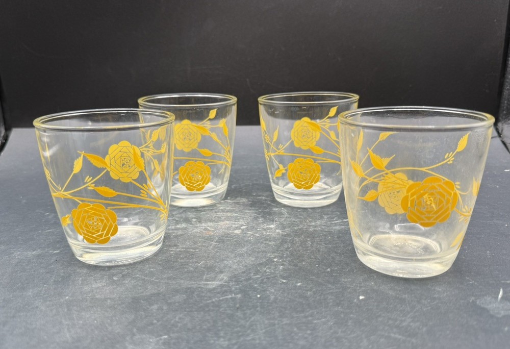 4 Vintage Hazel Atlas Roses Sour Cream Glasses – 1/2 Pint Yellow OO