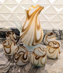 Murano Style Frosted Art Glass Pitcher & 6 Tumblers Set Italian Swirl Satin 1950