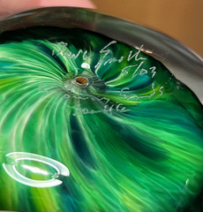 Vtg Hand Blown Art Glass Swirl Paperweight Emerald Green Amber Brown Cavern Orb