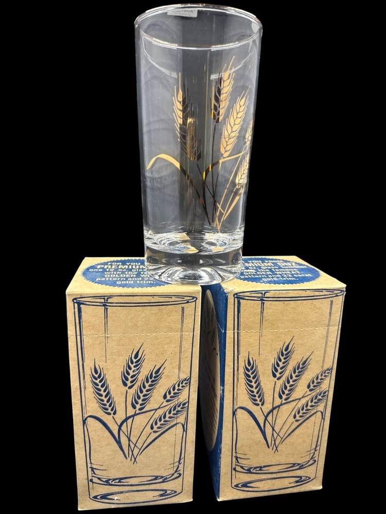Golden Wheat 12 oz Glass Tumblers With 22k Gold Trim Vintage Premium DUZ New In