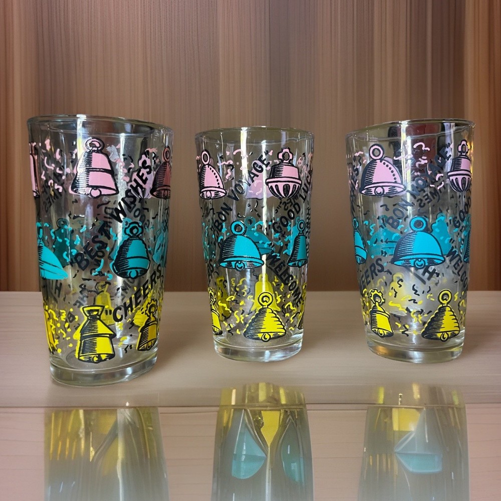 VTG Mid Century Pastel Celebratory Bell Cocktail Glasses Barware MCM Set Of 3