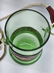 Vntg Blown Green Glass Leather Hands Free Cocktail Beer Tumbler Lanyard w/Image