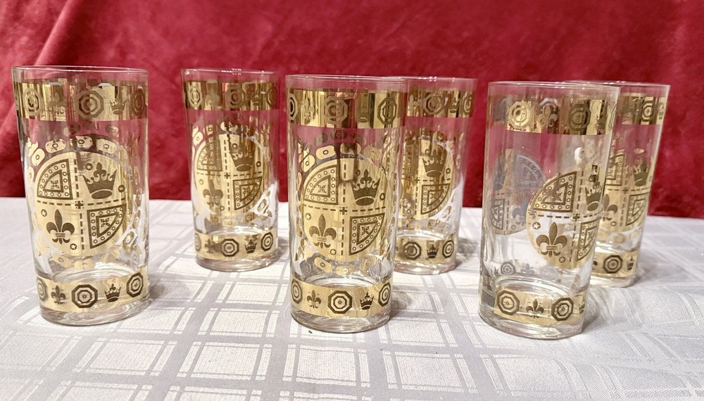 Vintage Vito Bari Gold Crest Design Highball Glasses 5.75″ Set Of 6. 612