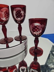 (5) WINE glasses Goblets 5″, bohemian Ruby red flashed & engraved cut to clear